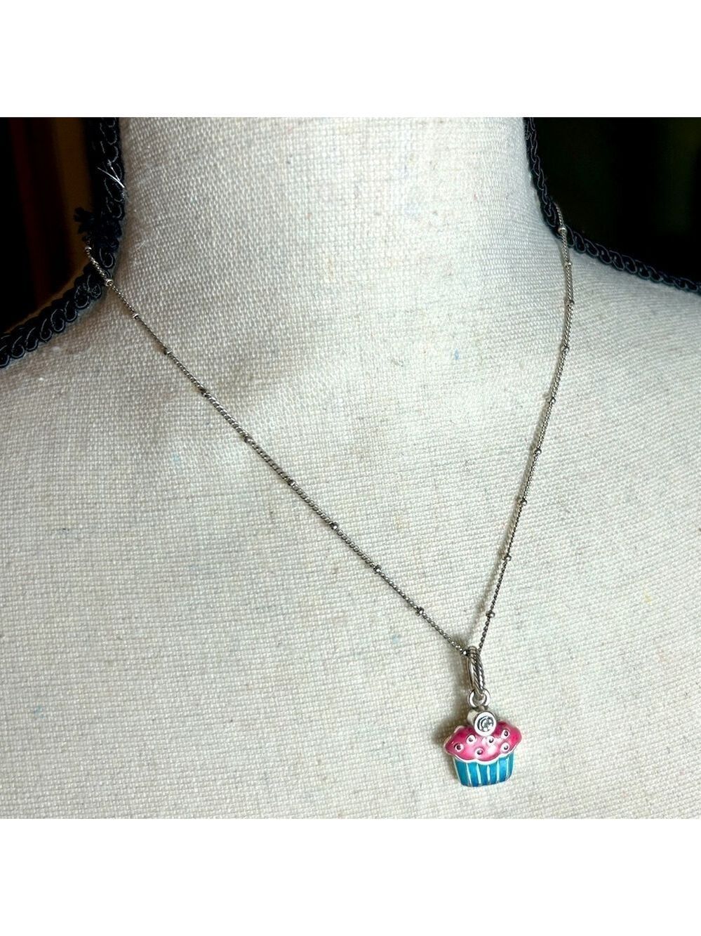 Brighton Petite Chain Necklace & Cupcake Charm Crystal Silver Plated Chain 18”